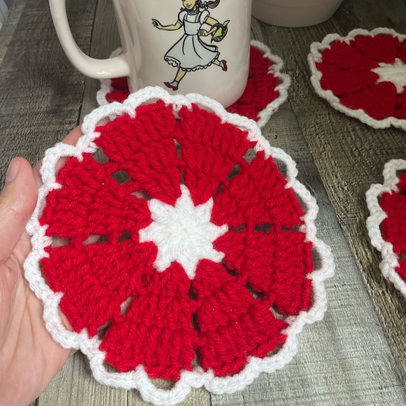 Handmade Crochet Valentine’s Day Heart Coasters 4 Pack - Picture 1 of 7